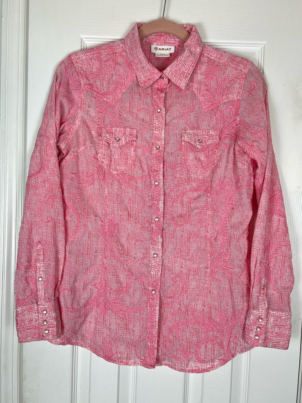 Ariat Semi-Sheer Jacquard Embroidered Long Sleeve Pearl Snap Shirt Rodeo Cowgirl